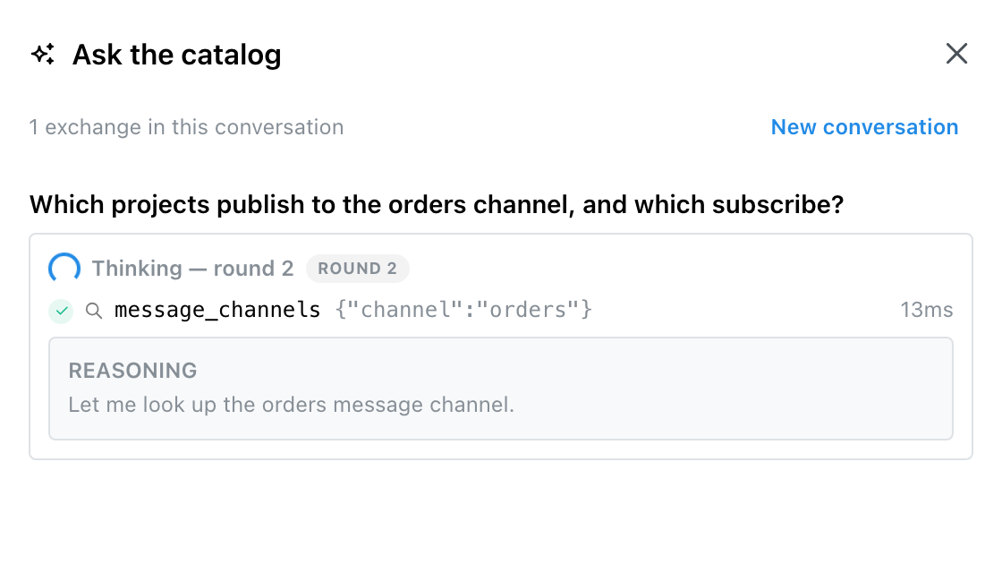 The chat mid-answer: round 2, the message_channels query with its arguments and a 13ms timing, and the model's stated reasoning — “Let me look up the orders message channel.”